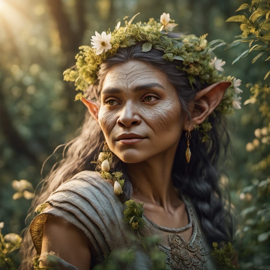 A serene eurasian troll woman with long, flowing golden hair and piercing blue eyes, adorned with a delicate ...  by @Simondir