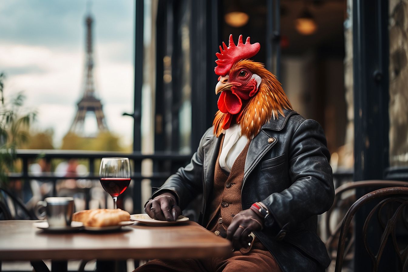 Rooster at a café terrasse in Paris.