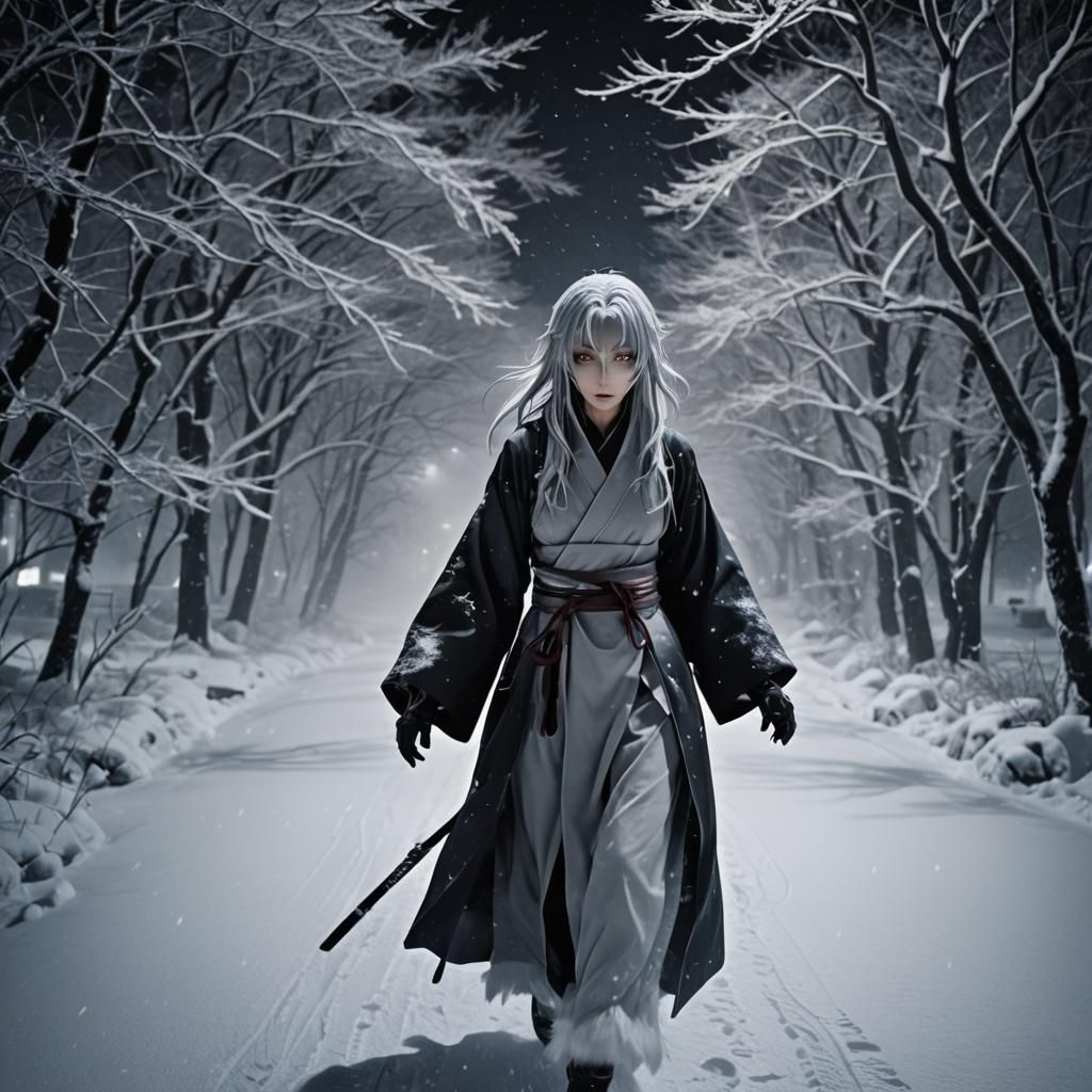 young silver haired grey eyed woman Grayfia Lucifuge as the winter ghost lady yuki onna