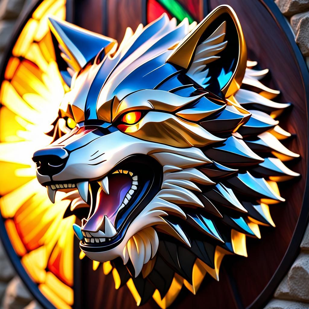 Stained Glass Chibi Wolf Head in Golden Hour