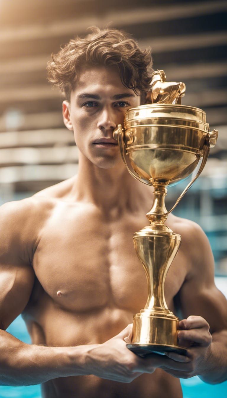 Shirtless muscular young swimmer holding a golden trophy at ...