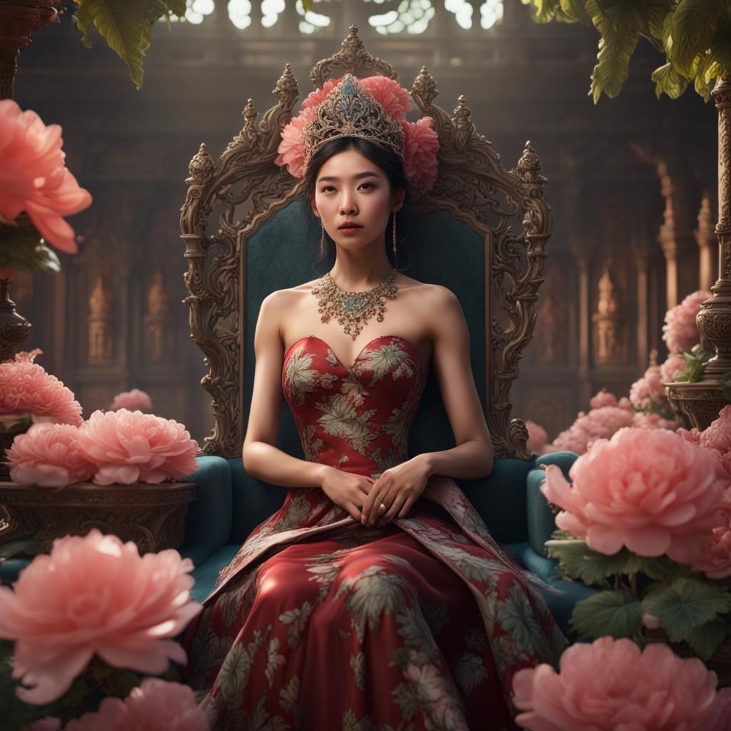 hyperrealistic asia woman, with tiara and Begonia dress, sit...