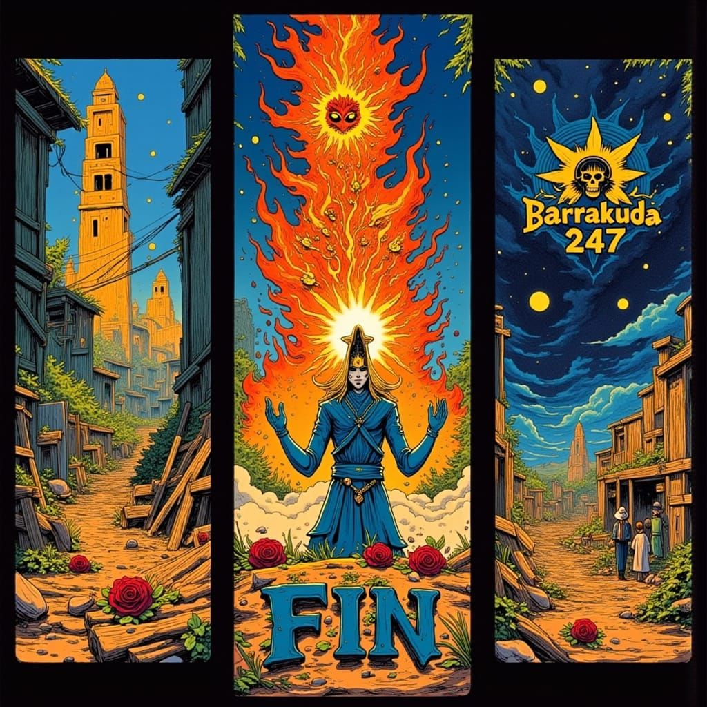 person performing A pirouette inside Empty movie theater with usher standing by open EXIT door with orange sunshine. Barrakuda247 logo in bl... - Start Image 2