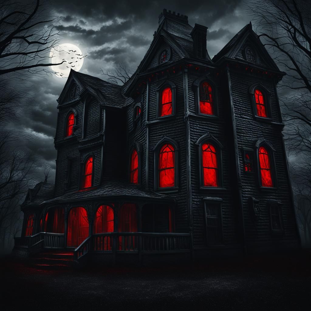 The house glowed red as if blood was flowing across its windows.  by @WillowTree