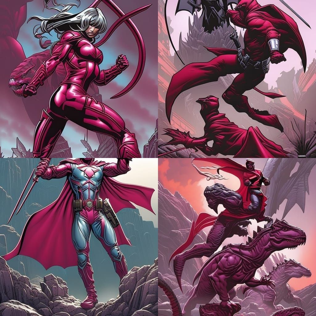 dinosaur superheroes in tight fitting pink uniforms and cape...