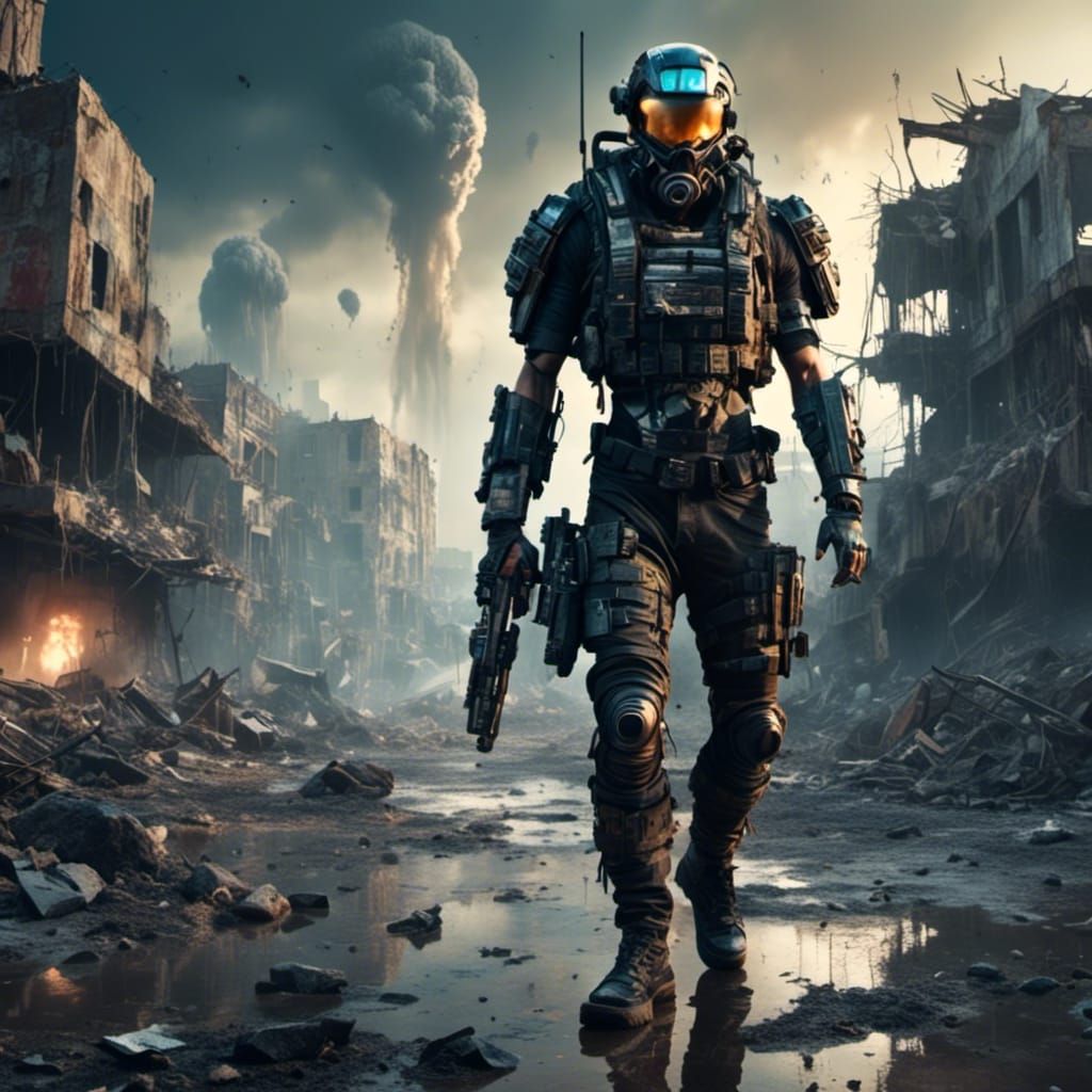  Soldier from the far future fighting  in a ruined alien city