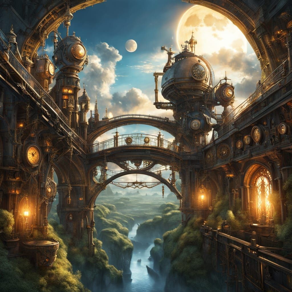 An ancient glowing stone bridge covered with moss, hidden deep in the forest, floating among the sky ...  by @undefined