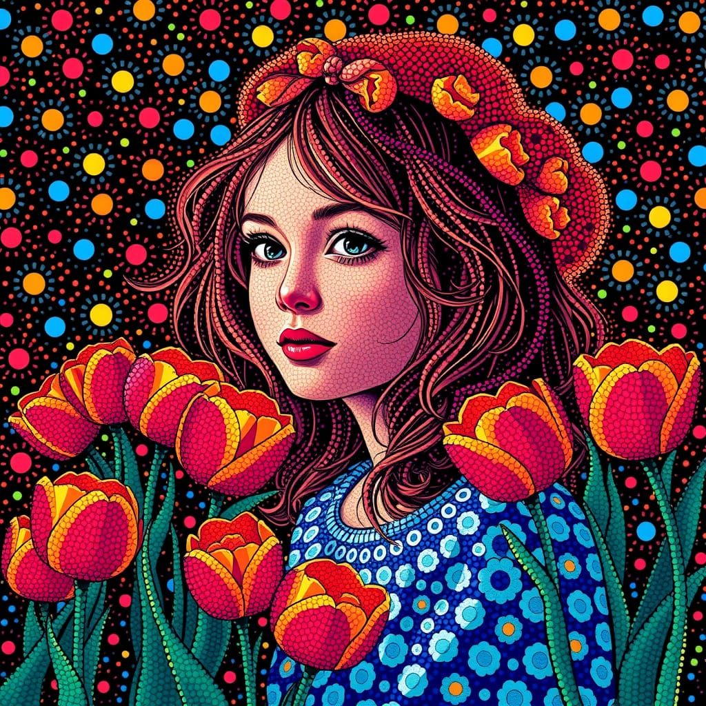 pointillism portrait of a Dutch girl in a field of colorful tulips  by @rickyalvarez