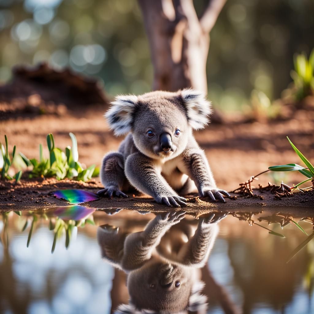 A baby koala, staring at its reflection in a puddle, with a ...