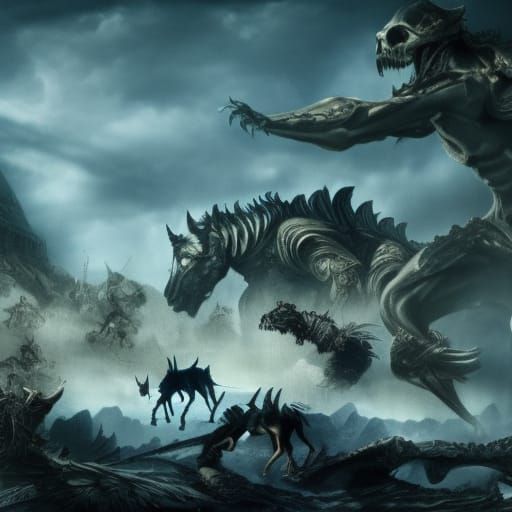 army of skeletons and fantasy animals fighting