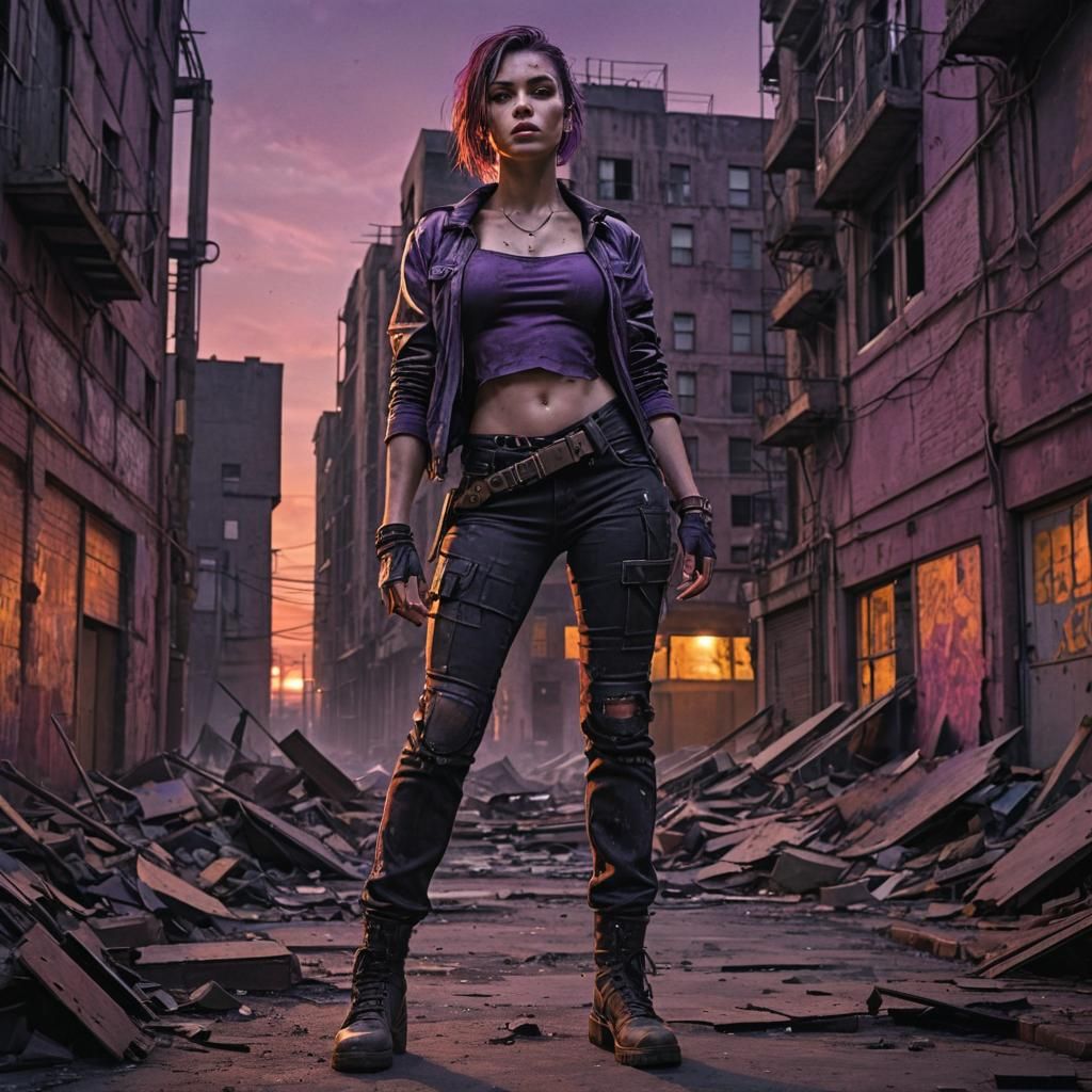 Fierce Woman in Post-Apocalyptic Cityscape