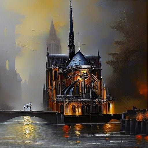 Notre Dame de Paris. Steampunk oil painting by Didier Graffe...
