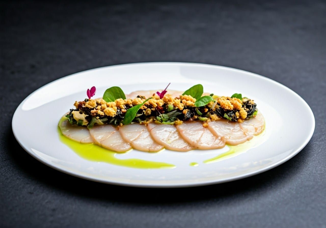 Carpaccio vom weißen Heilbut mit mariniertem Wildkräutersalat, Joghurt ... Carpaccio vom weißen Heilbut mit mariniertem Wildkräutersalat, Joghurt ...