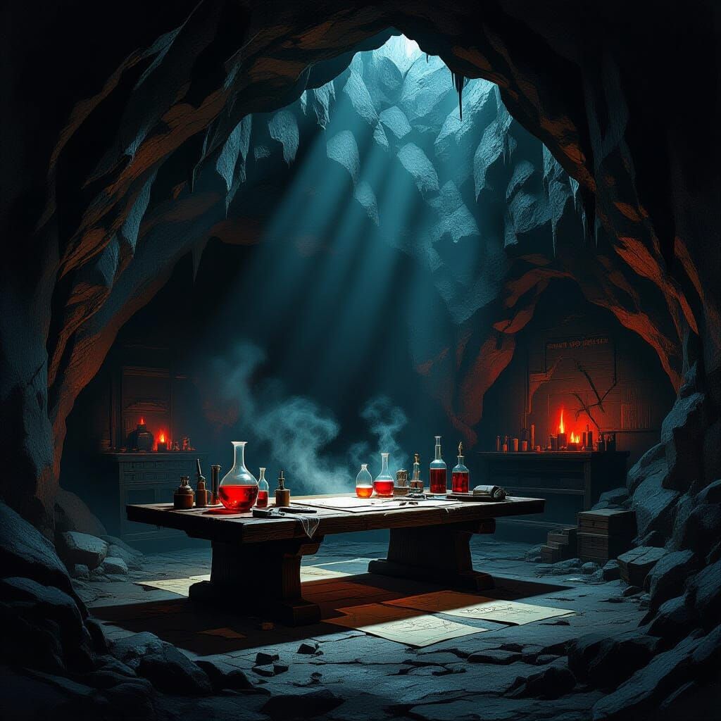 Dark Fantasy Cave Lair With Weapons and Maps