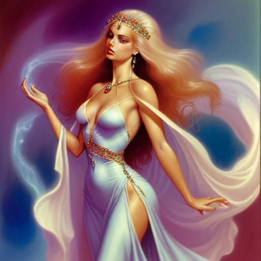 Psychic Boris Vallejo's women, ethereal and fair,
With flowi...