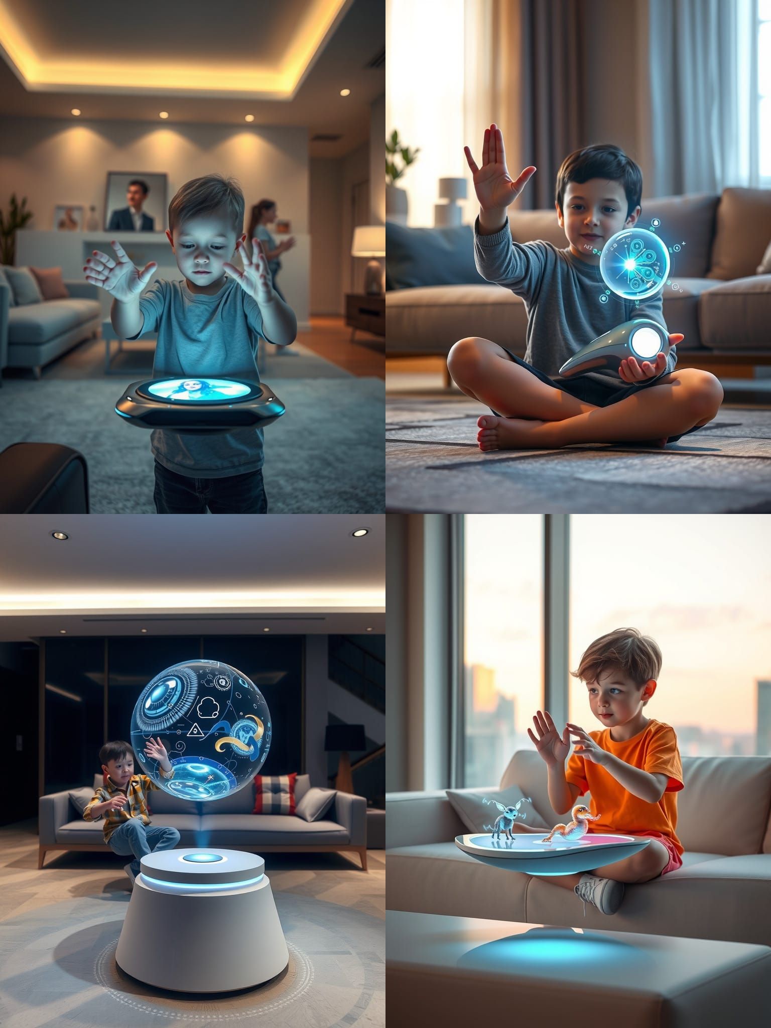 A child in a modern living room, playing with a high-tech, futuristic toy that appears advanced and interactive. The toy...