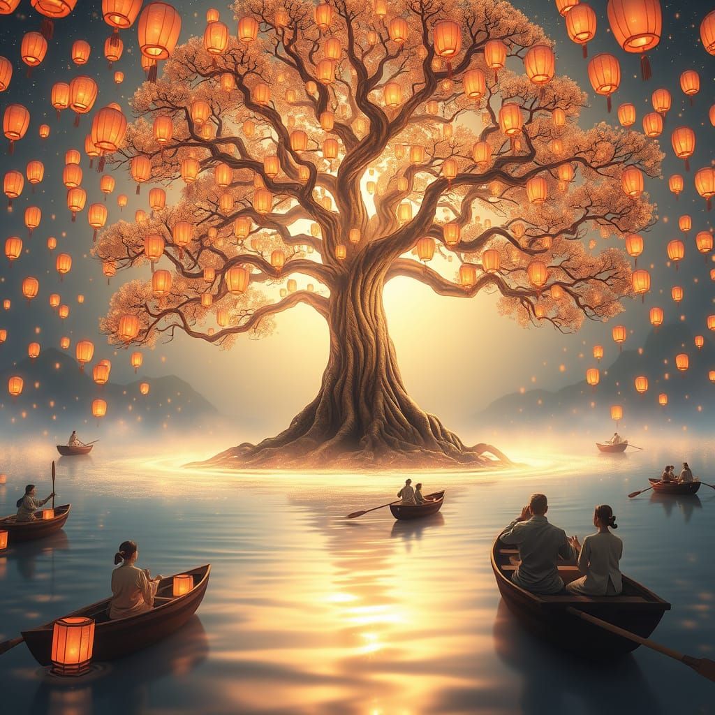 Ethereal Fantasy Scene: Ancient Tree Amidst Radiant Lake and...