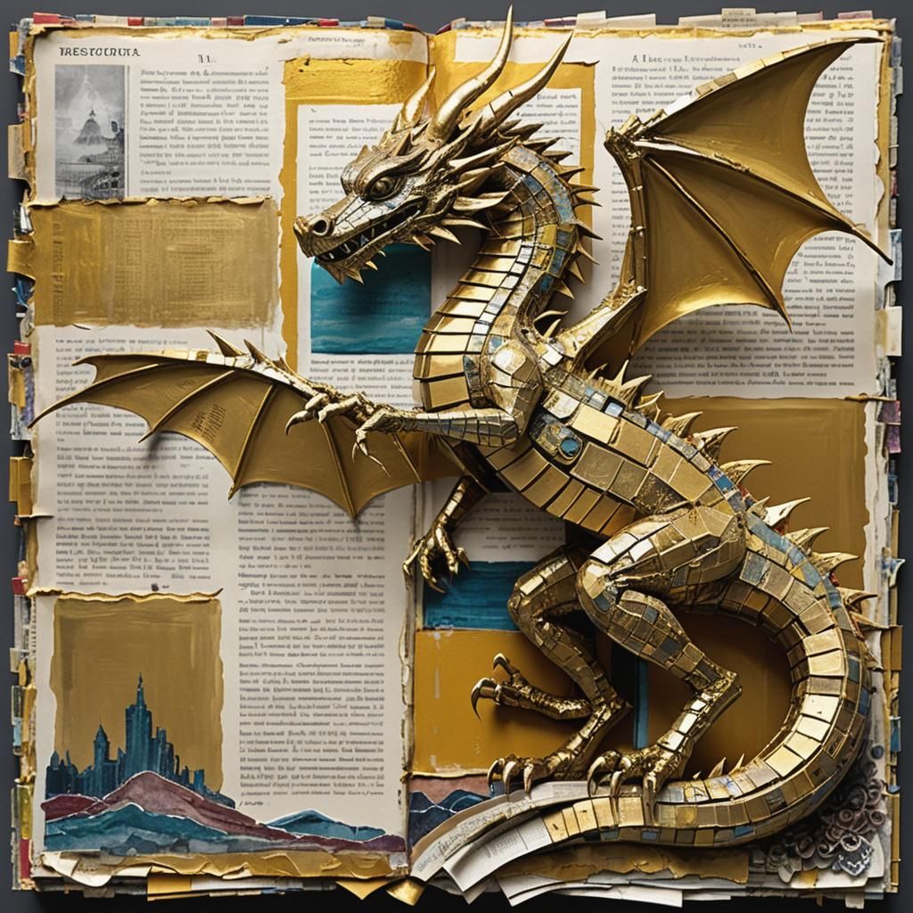 serenity gold newspaper dragon ✨💫🪷🕸️ ARTISTIC COLLAGE JOURNAL SCULPTURE, in the style of “Anselm Keifer” ...  by @g r r c