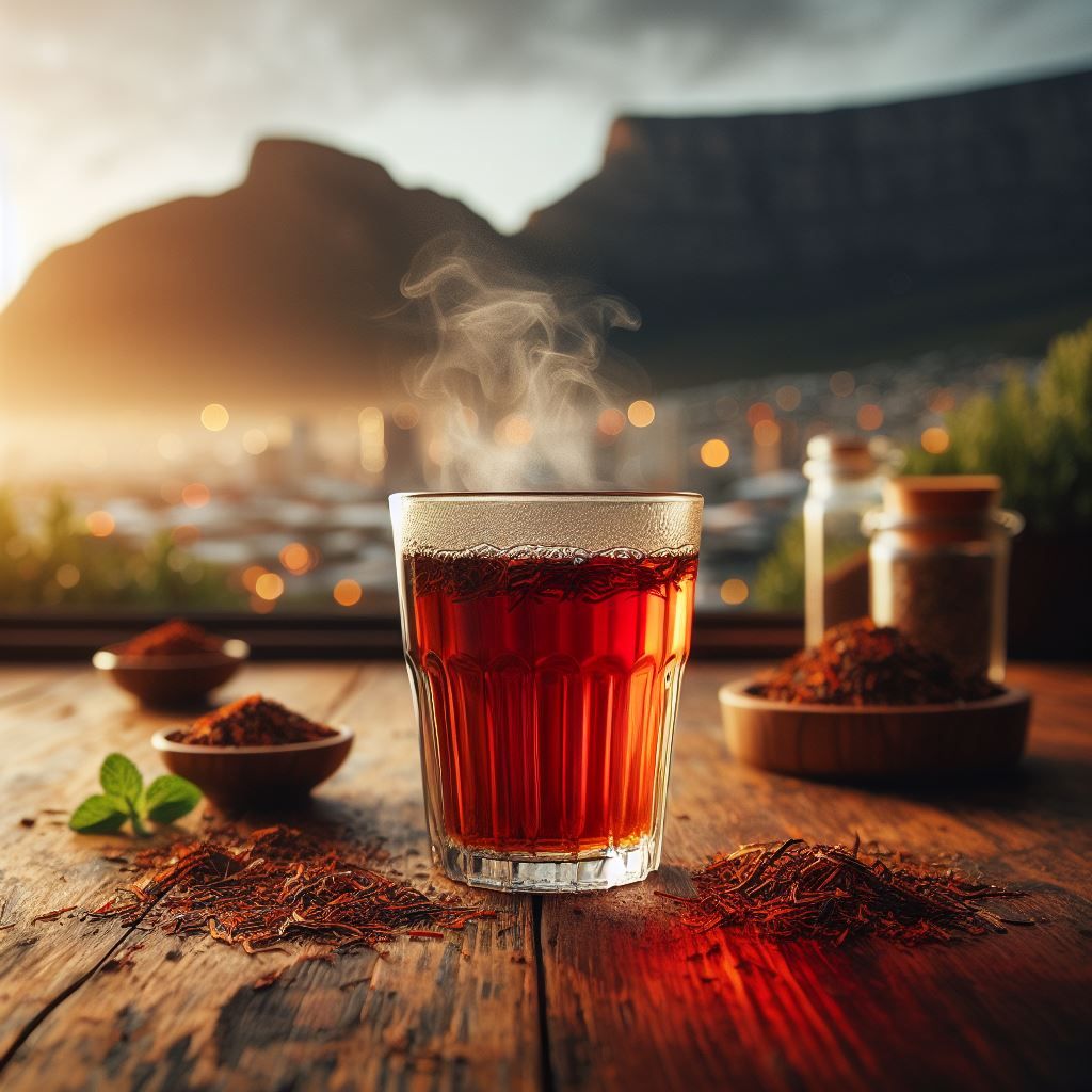 Glass of rooibos tea on rooftop,  Table Mountain in background