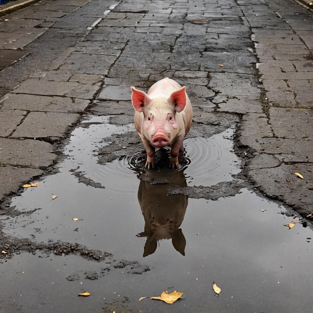 A pig in a puddle