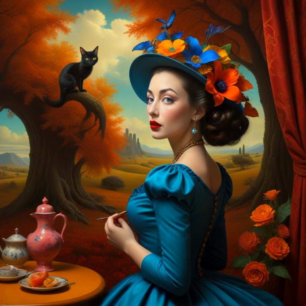 Surreal Still Life with Elegant Lady in Vibrant Landscape