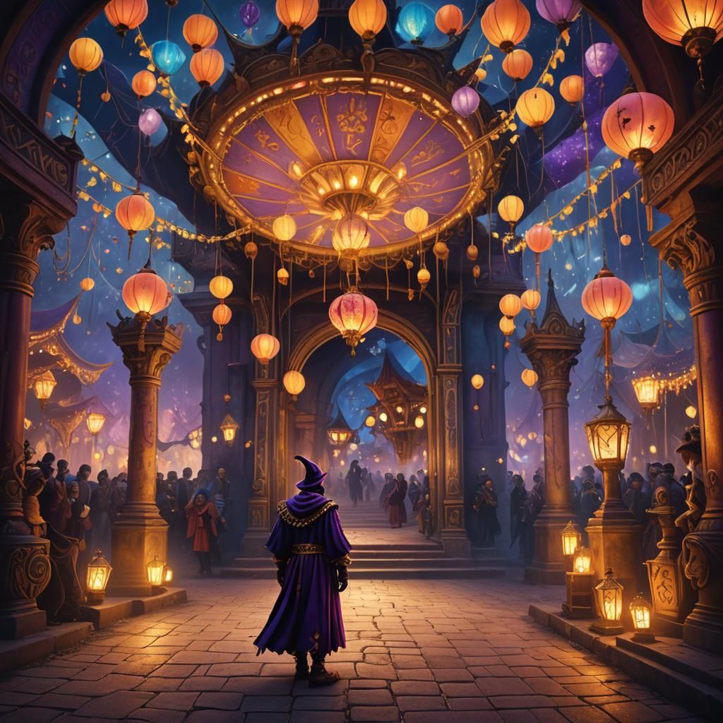 Mystical Jester at Carnival Entrance: Fantasy Concept Art