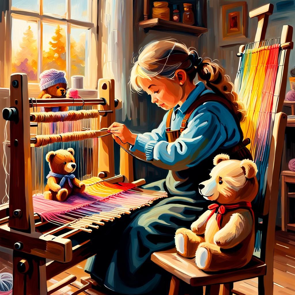 Teddy Bear Learns to Weave in Oil Painting
