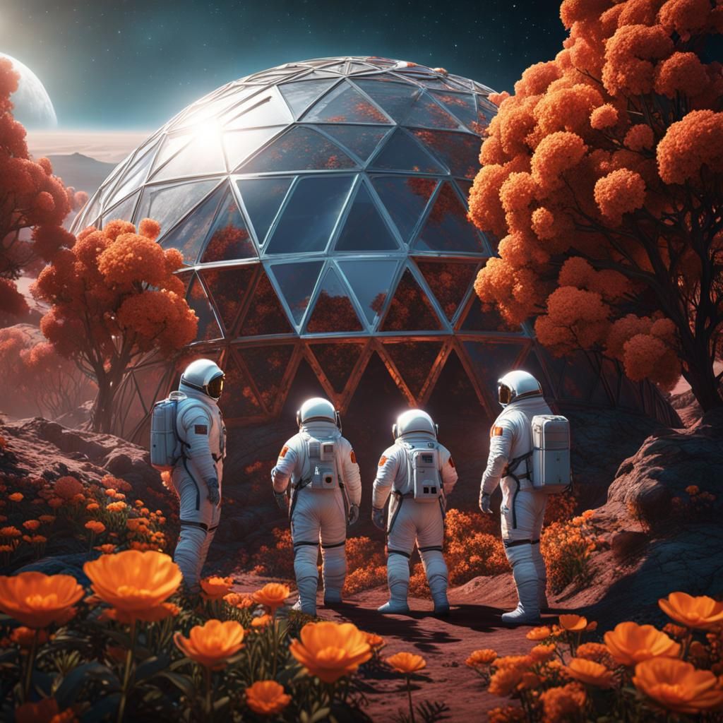 Three men in spacesuits tending to the flowers in a geodesic...