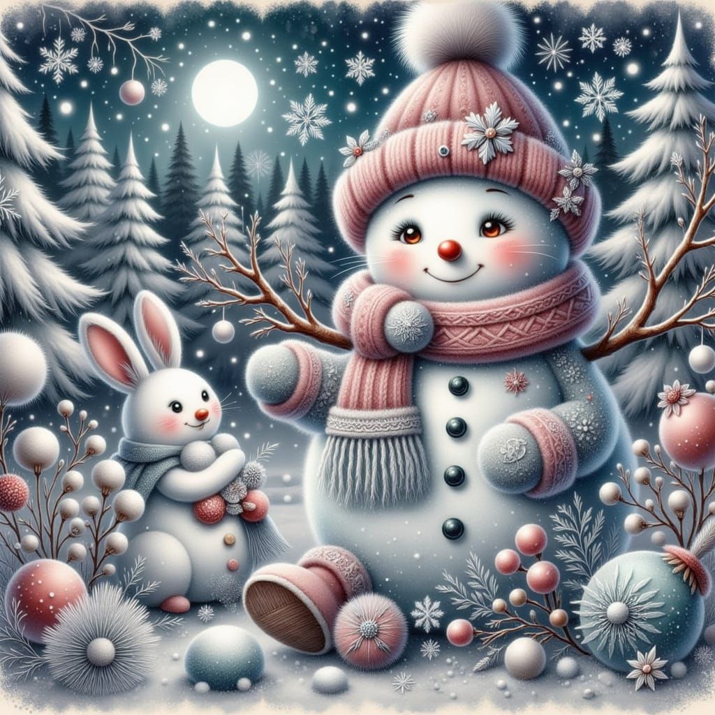 <lora:Frosty flux:1.0> <lora:Winter Forrest:1.0> SNOWMAN IN A WINTER FOREST WEARING A PINK HAT AND SCARF WITH THE SUN SETTING WITH A SOFT GL...