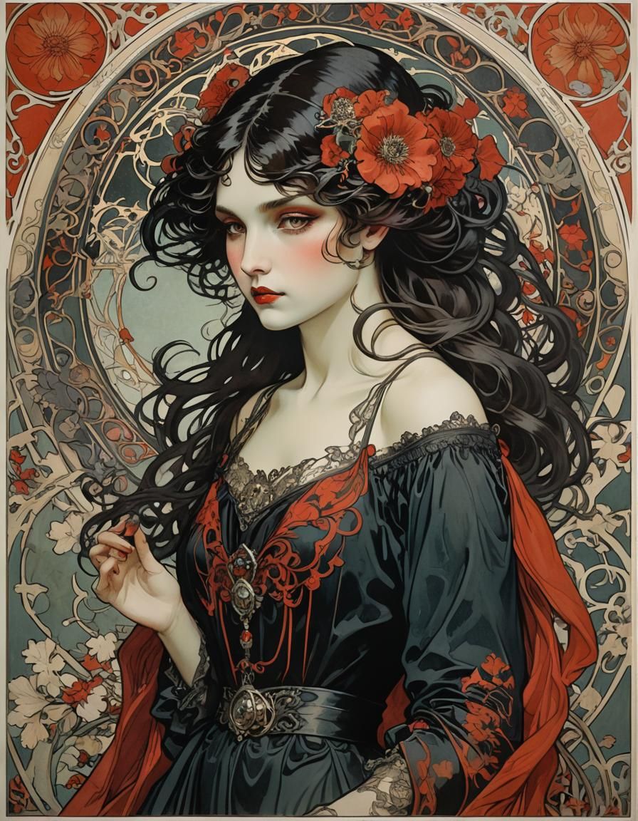 lithographie HD couleur art nouveau alfons mucha un jeune vampire de 30 ans, cheveux noir, lèvres rouges, ...  by @Yannick Chevallier