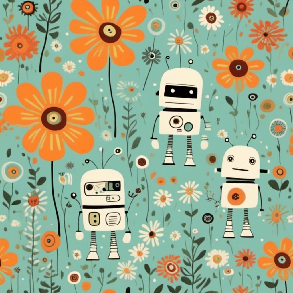 <lora:White Light:1.0> Cute robots in a flower garden 