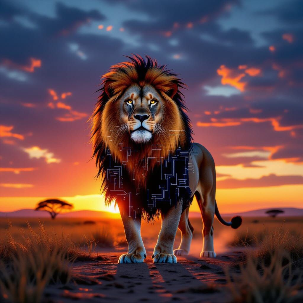 Majestic Cybernetic Lion on Savanna at Sunset