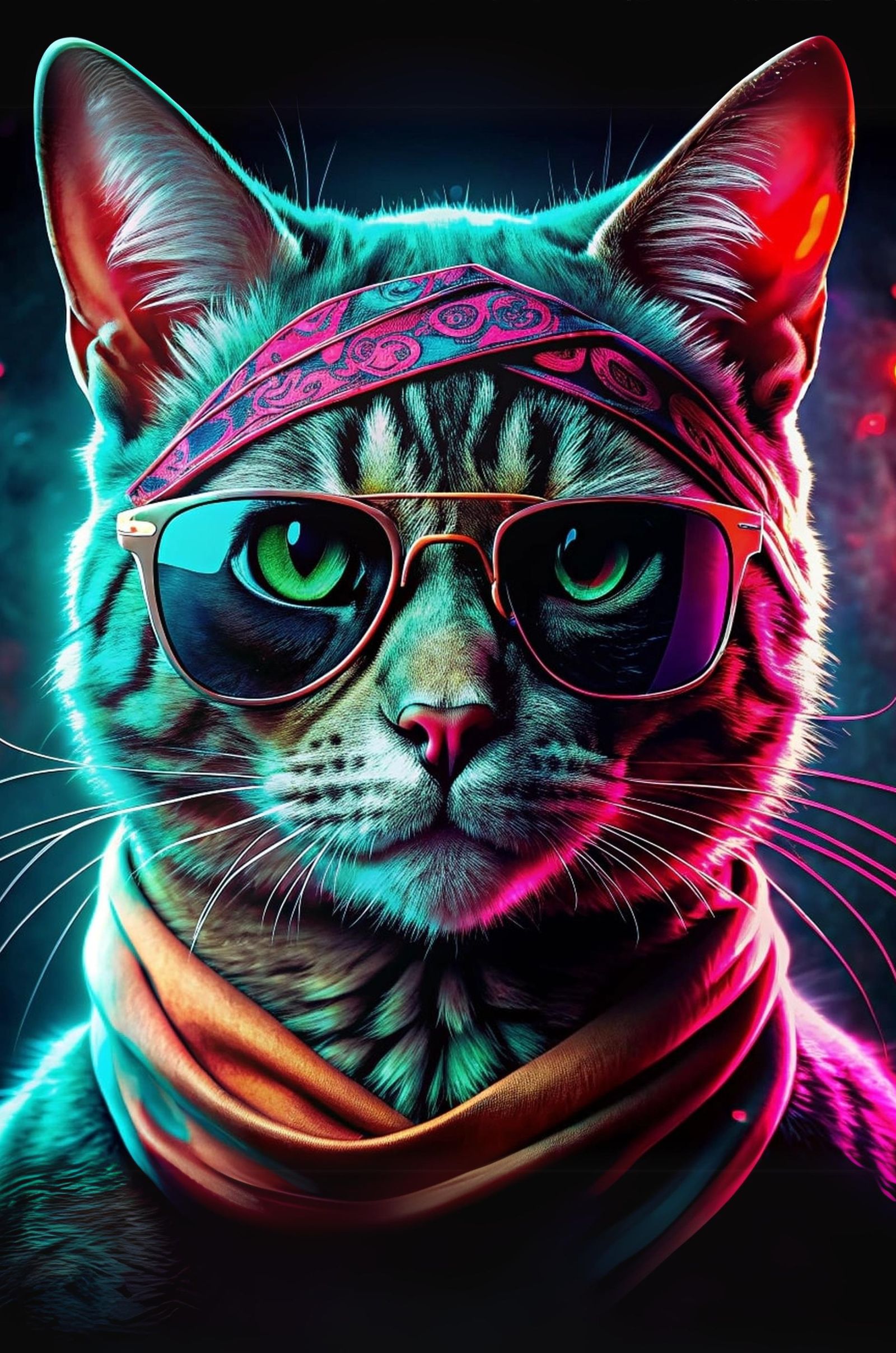 Psychedelic glowing portrait of a cat wearing a bandana and sunglasses