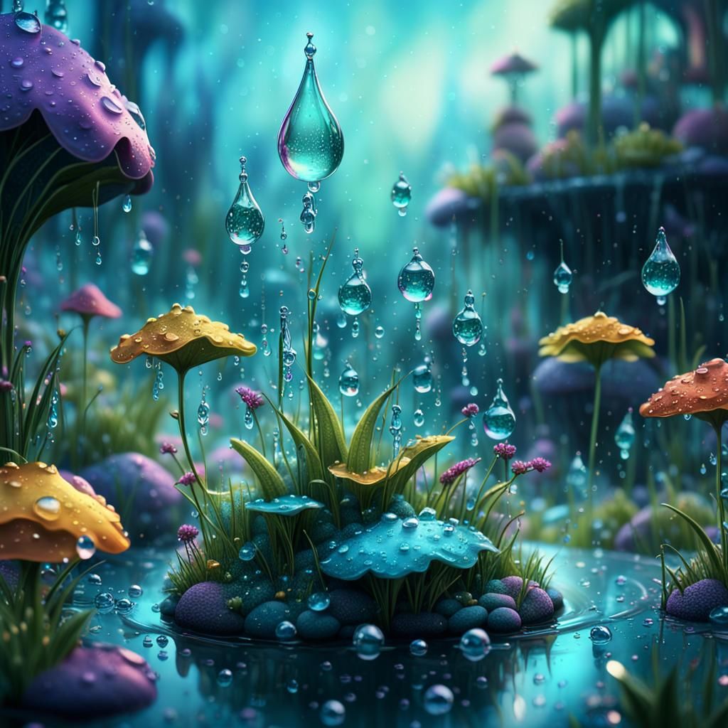 A whimsical illustration featuring delicate dew drops in a s...