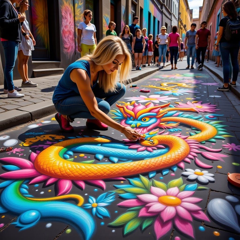 <lora:Street Art Fx:1.0> A woman creating a dragon painting on a chalk style street, vibrant tones intertwine in a representation of urban l...