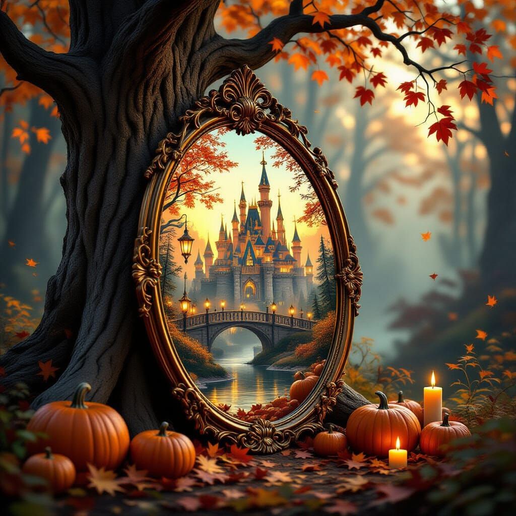 Magical Autumn Mirror Reflecting a Fairytale Kingdom