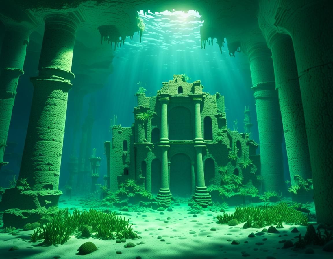 The lost city of Atlantis, deep at the bottom of the ocean, in ruins, water  weeds grow, eerie glow illuminates the scene casting mysterious... - AI  Generated Artwork - NightCafe Creator