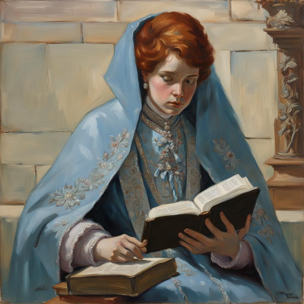 woman with auburn hair wearing a light blue cloak with silve...