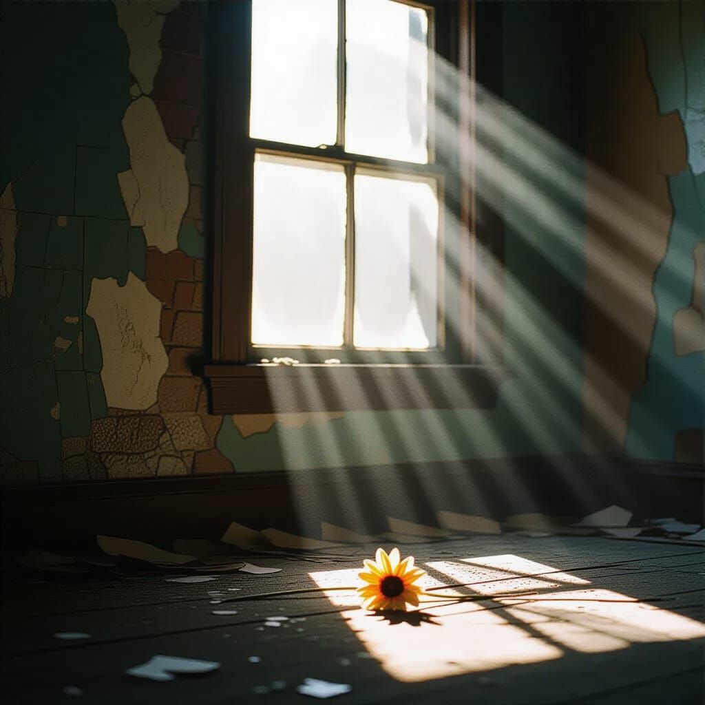 Dramatic Light in Abandoned Room with Wilting Flower