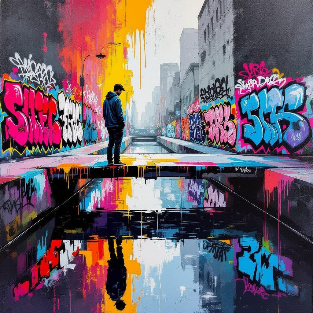 Man Gazing at Reflection in Splash Art Style