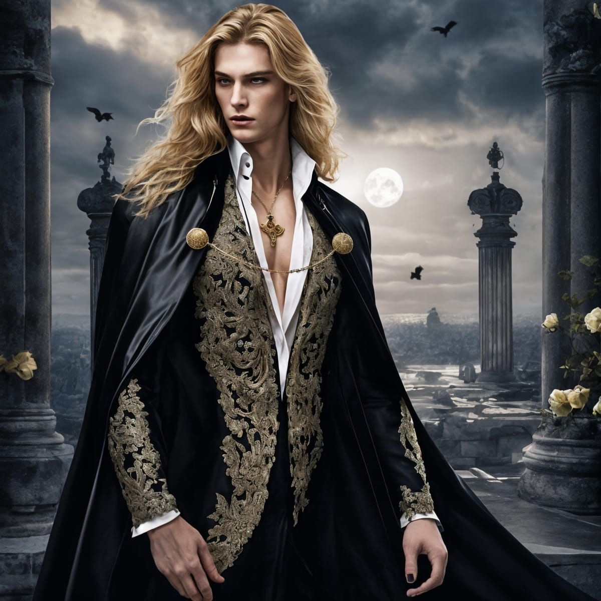 Clad in the somber hues of twilight, his presence an elegant...