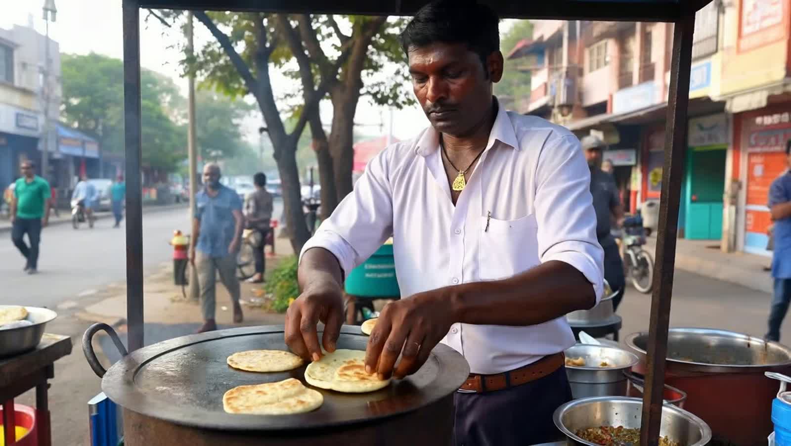 A street food vendor in India takes small naan breads out of the oven, wipes the sweat from his forehead and under his a...