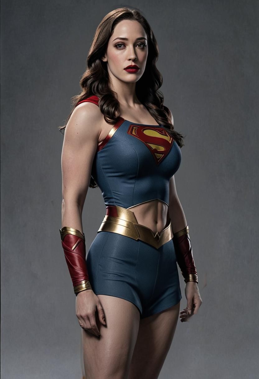 Kat Dennings as A strong, determined woman with a fierce gaze, wearing a supergirl costume, stands against a gray backdrop. Her muscul...