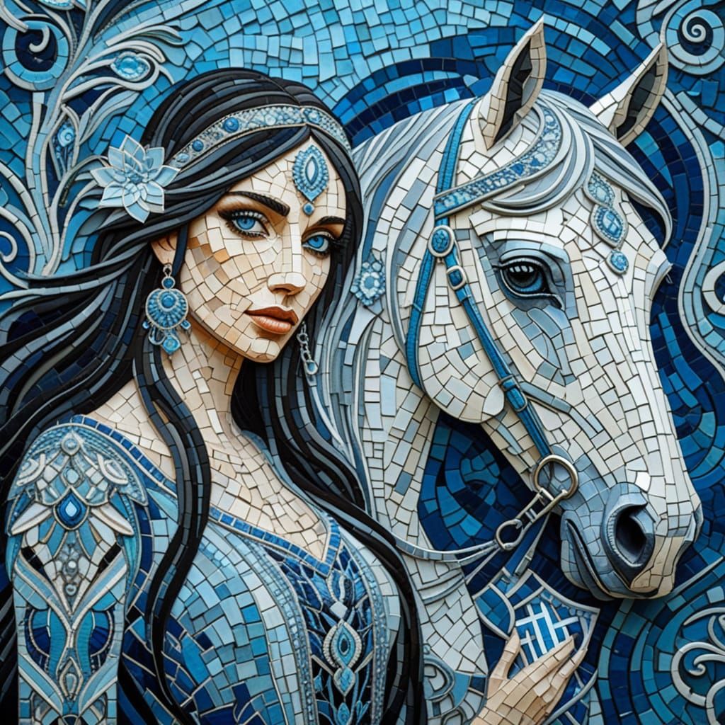 ((stylized portrait of a woman with a horse)), ((intricate textured patterns:1.3)), ((large expressive eyes:1.2)), (long flowing hair:1.1), ...