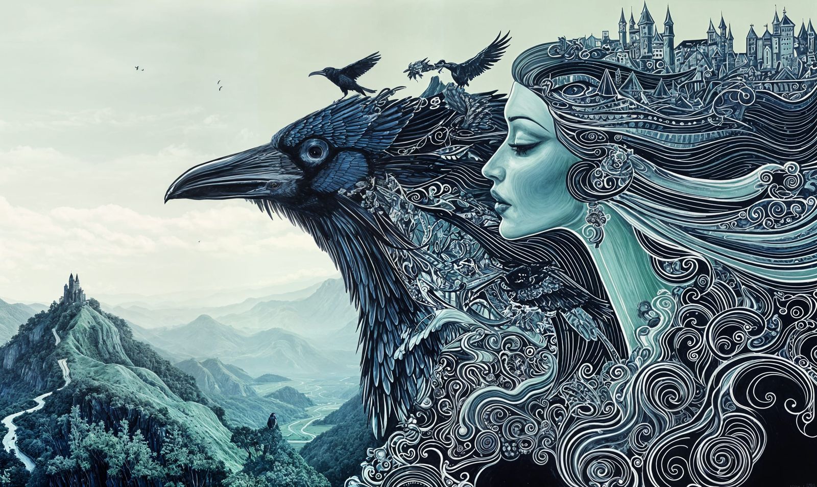 Raven Woman Over the Valley of Castles