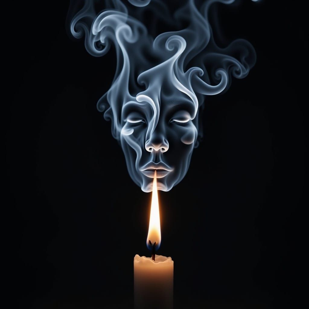 the smoke above a small candle takes on the shape of a partial smoke face <lora:Smokey FX:1.0> 