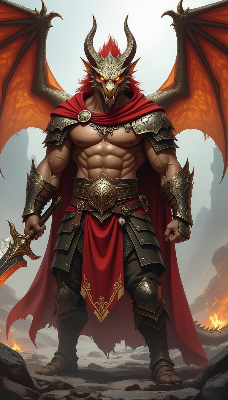Un barbaro draconico dalla presenza imponente, con tratti simili a quelli di un drago: muso affilato, scaglie dorate e occhi fiammeggianti d...