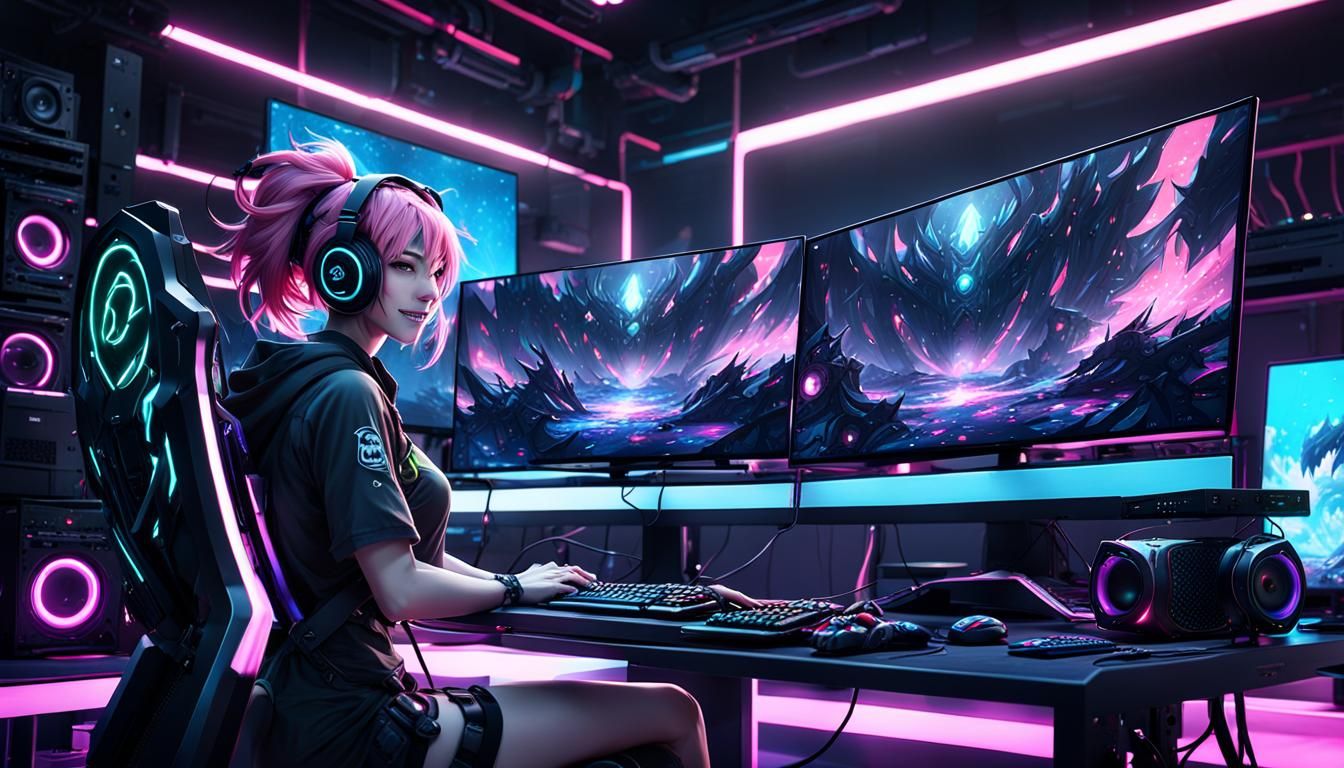 Anime girl with pink hair laughing sitting at a gaming pc with multiple monitors and a big sound system ...  by @Laffinty