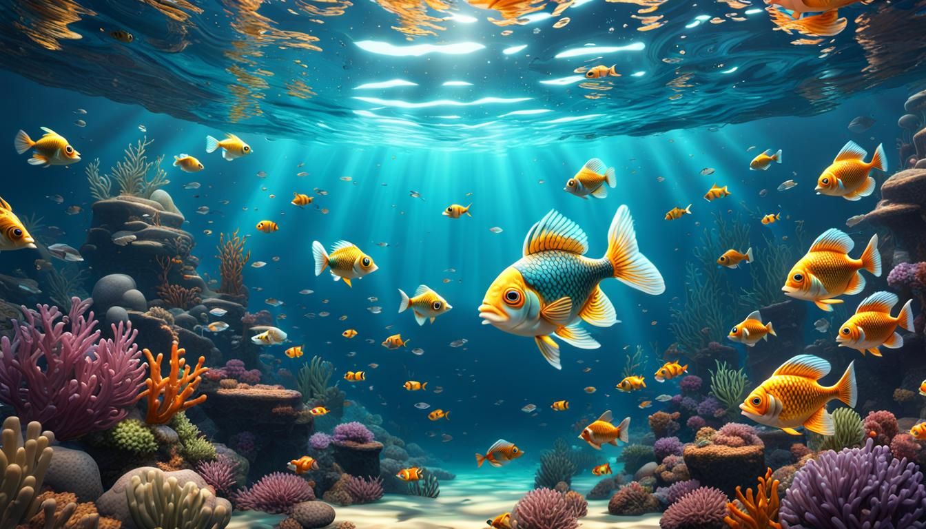 Extremely detailed elaborate  adorable cartoon fish swimming...