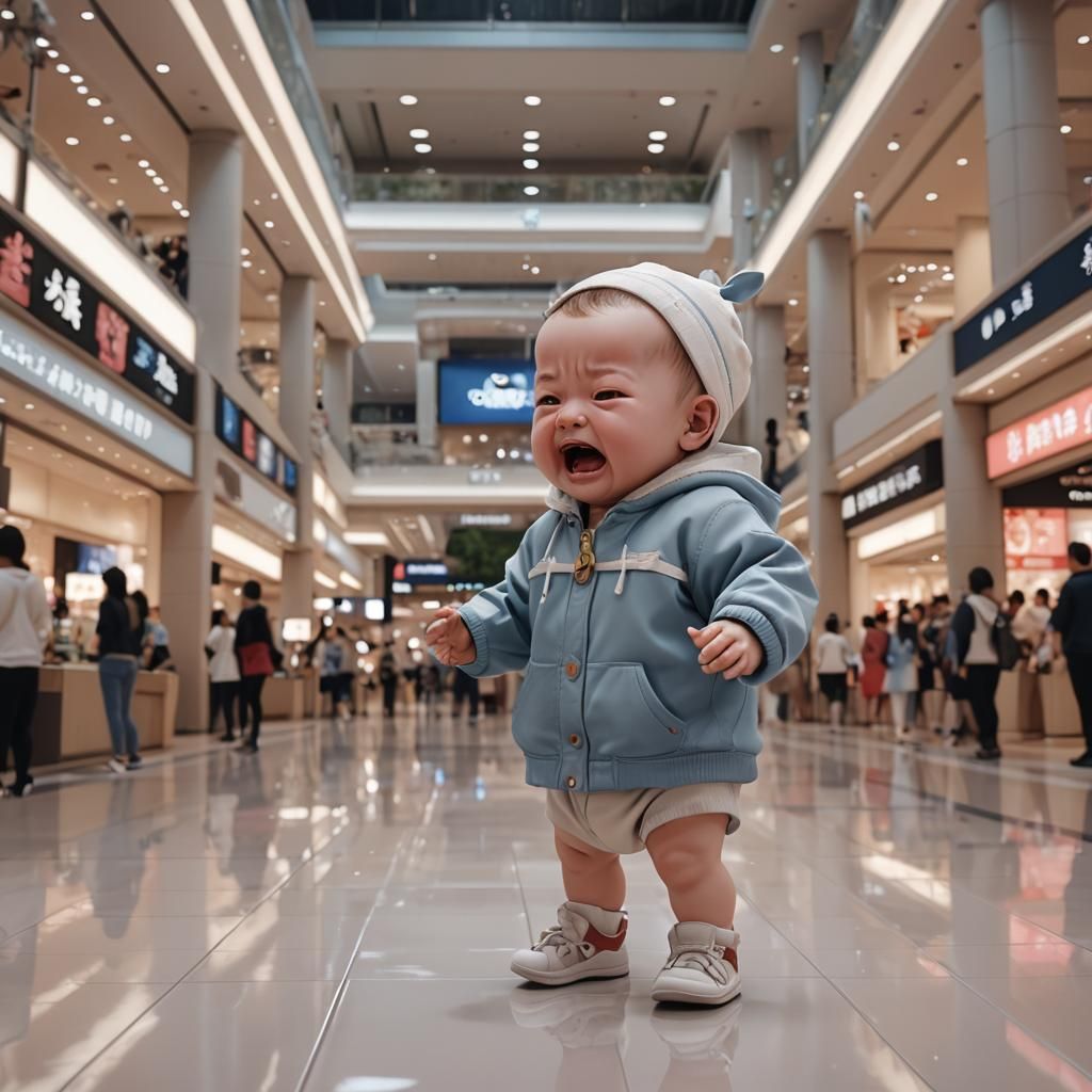 cute tiny baby crying because it got lost in a mall